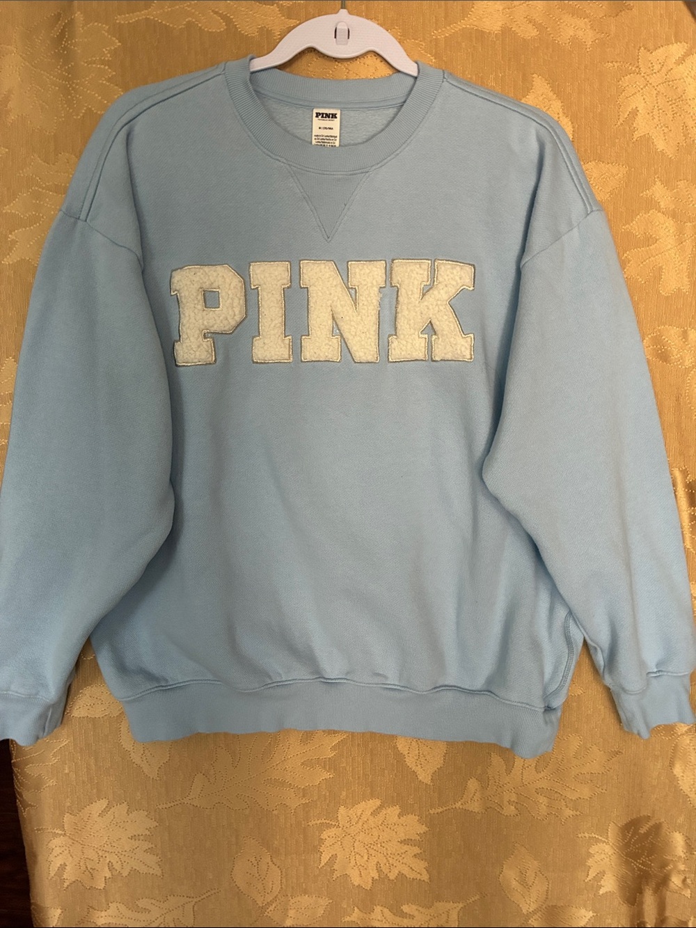PINK Victoria's Secret Pastel Blue Crewneck with White Chenille Logo